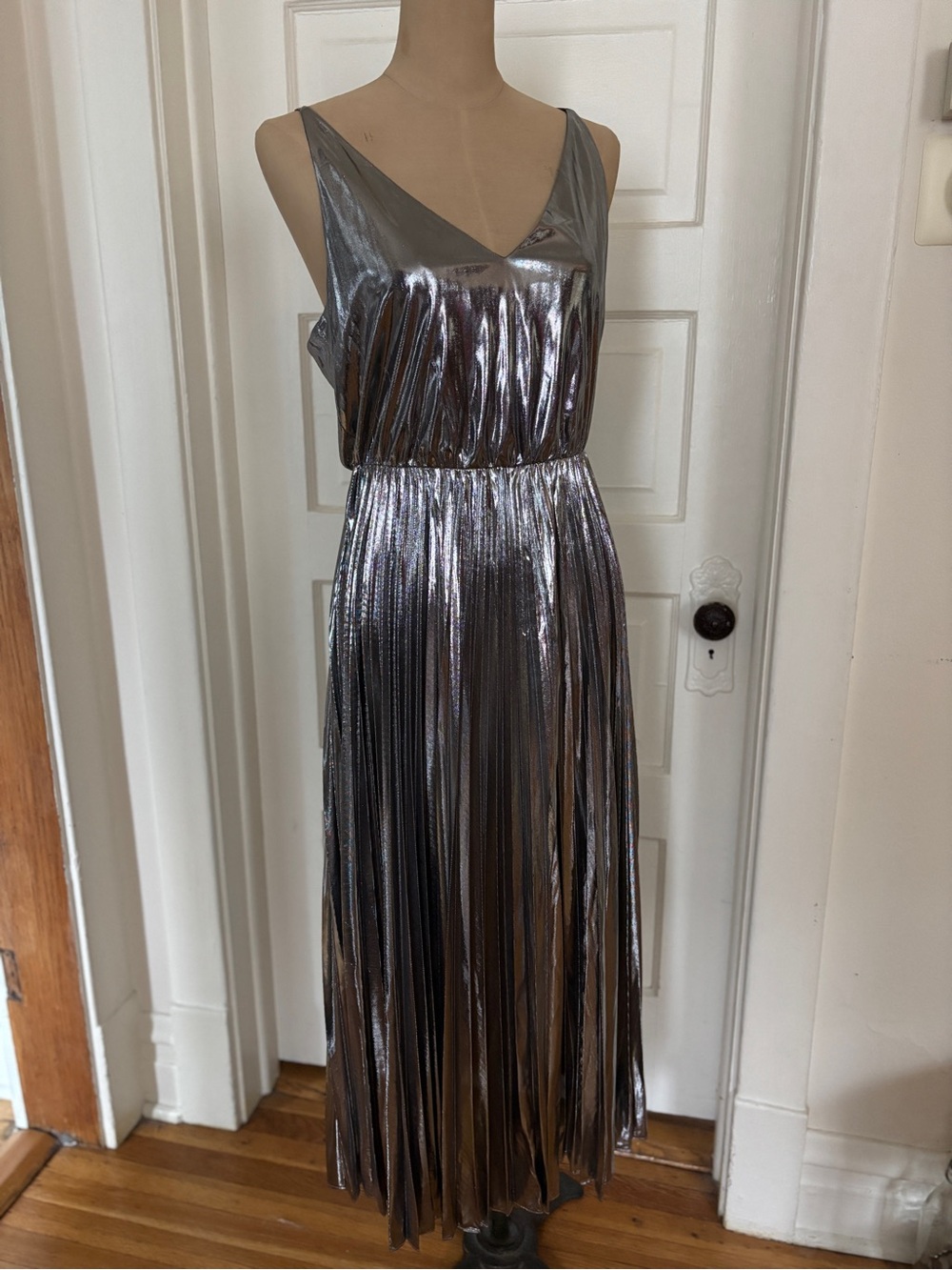 All Saints Silver Metallic V-Neck Pleated Maxi